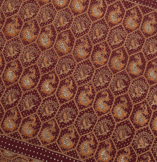 Sushila Vintage Maroon Sari Remnant Scrap Pure Crepe Hand Embroidered  Fabric