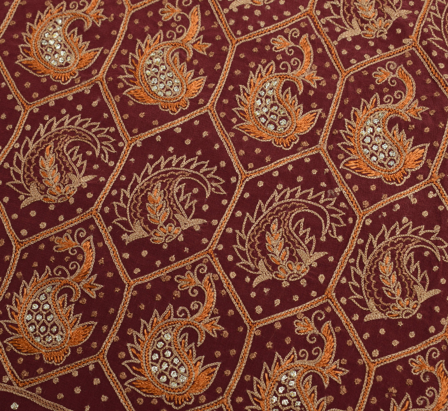 Sushila Vintage Maroon Sari Remnant Scrap Pure Crepe Hand Embroidered  Fabric
