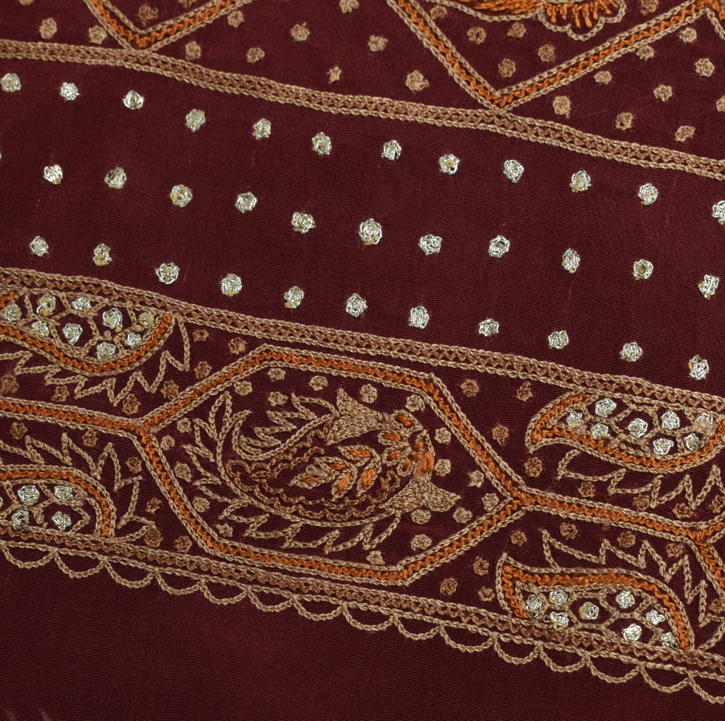 Sushila Vintage Maroon Sari Remnant Scrap Pure Crepe Hand Embroidered  Fabric