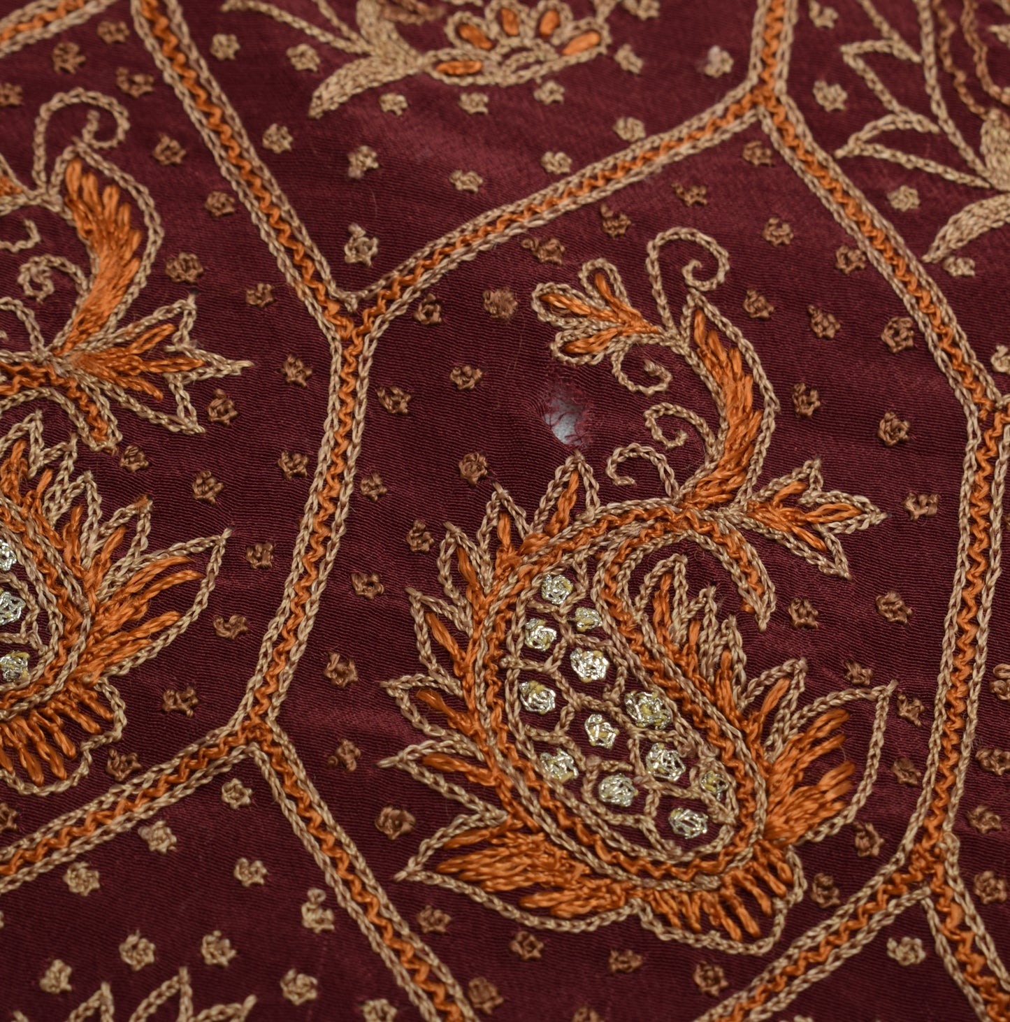 Sushila Vintage Maroon Sari Remnant Scrap Pure Crepe Hand Embroidered  Fabric