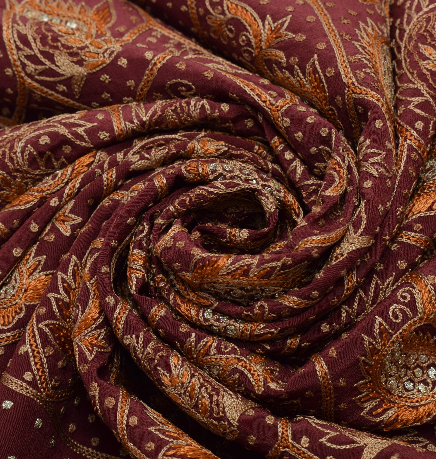 Sushila Vintage Maroon Sari Remnant Scrap Pure Crepe Hand Embroidered  Fabric