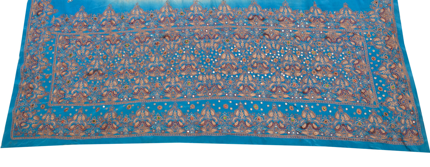 Sushila Vintage Blue Sari Remnant Scrap 100% Pure Crepe Embroidered Craft Fabric