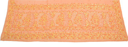 Sushila Vintage Orange Sari Remnant Scrap Georgette Hand Beaded Craft Fabric