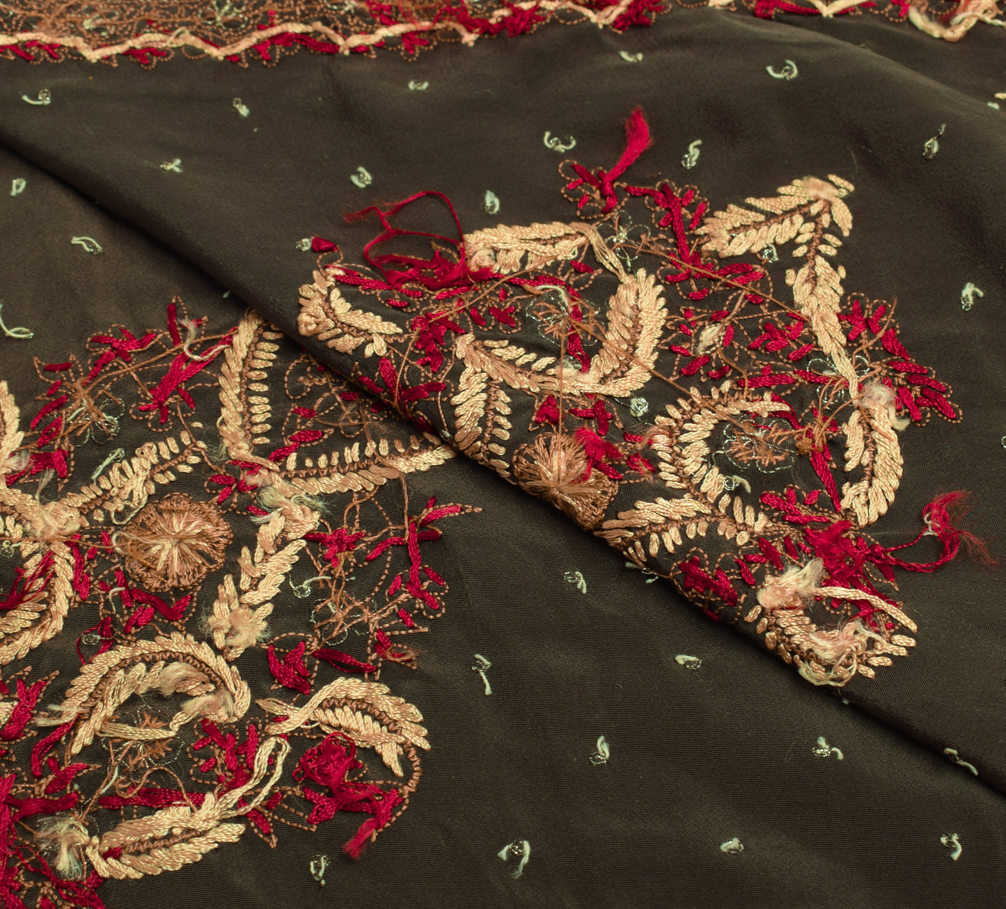 Sushila Vintage Sari Remnant Scrap Blend Crepe Hand Embroidered Craft Fabric