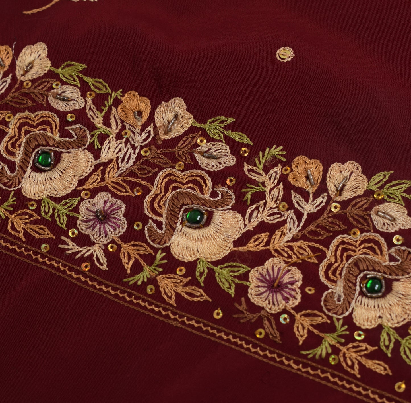 Sushila Vintage Maroon Sari Remnant Scrap Crepe Silk Hand Beaded Craft Fabric