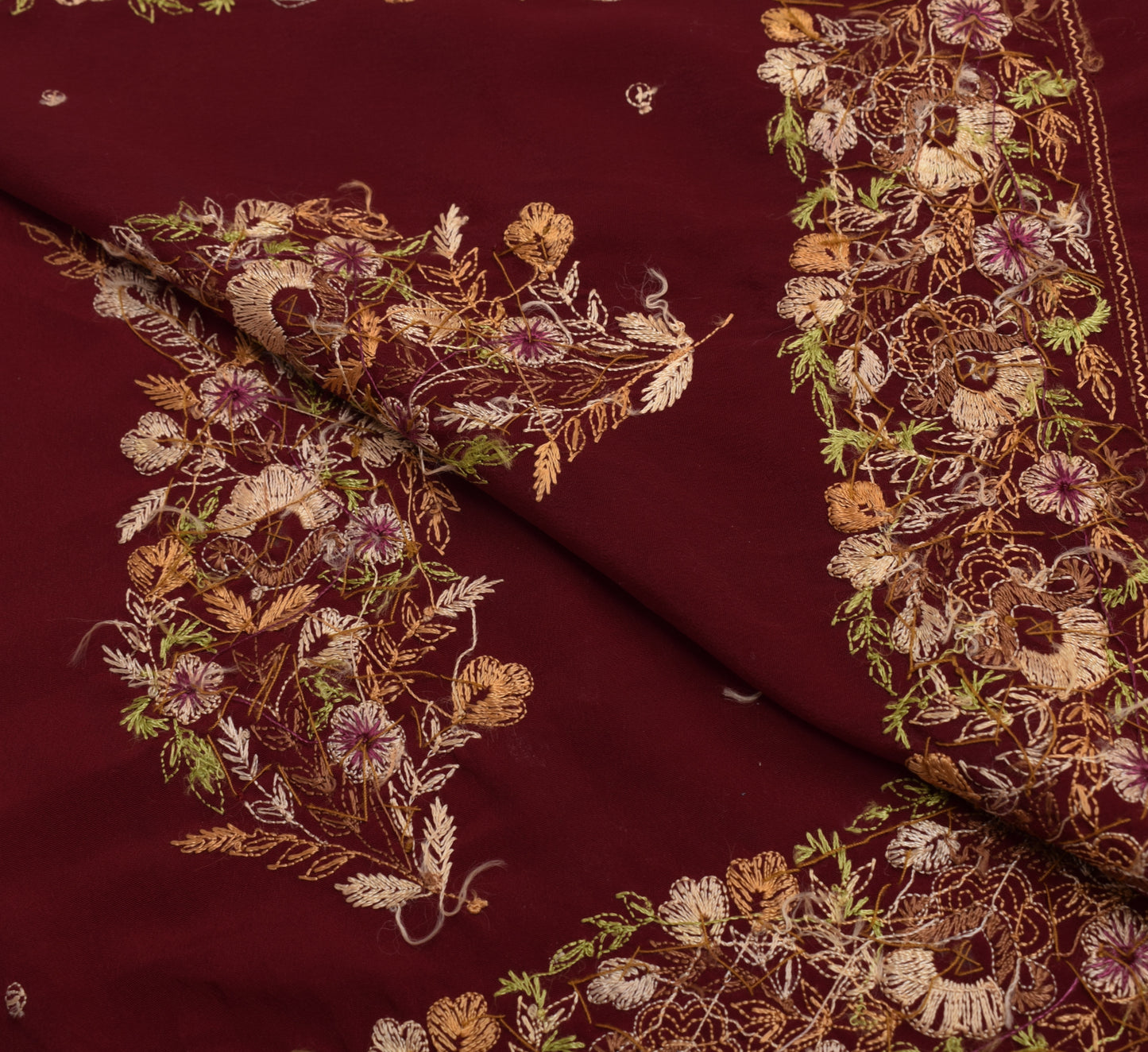 Sushila Vintage Maroon Sari Remnant Scrap Crepe Silk Hand Beaded Craft Fabric