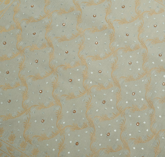 Sushila Vintage Gray Sari Remnant Scrap Pure Crepe Silk Hand Beaded Craft Fabric