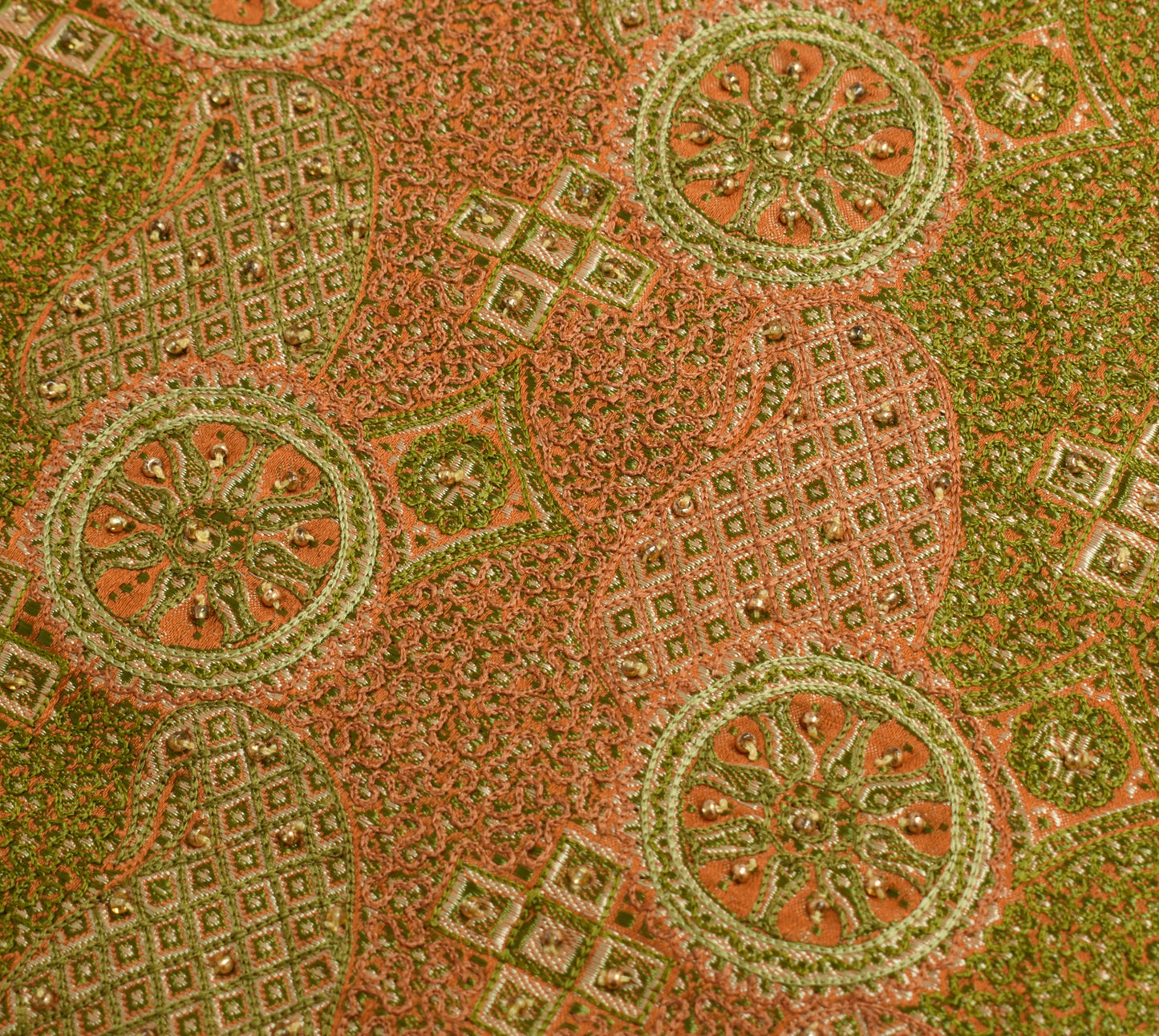 Sushila Vintage Mustard Sari Remnant Scrap Pure Silk Hand Beaded Craft Fabric