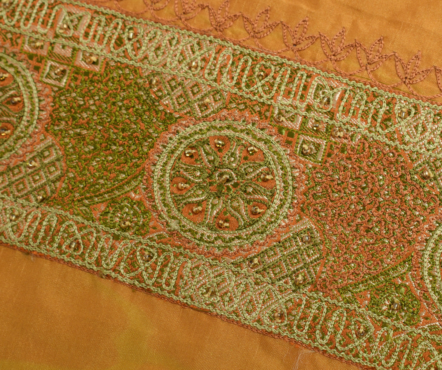 Sushila Vintage Mustard Sari Remnant Scrap Pure Silk Hand Beaded Craft Fabric