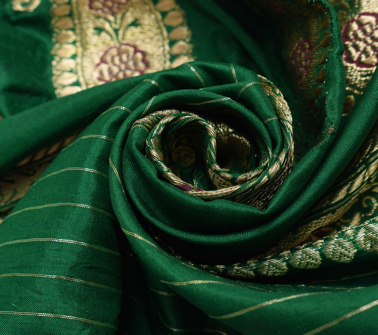 Sushila Vintage Green Banarasi Sari Remnant Scrap Pure Silk Woven Craft Fabric