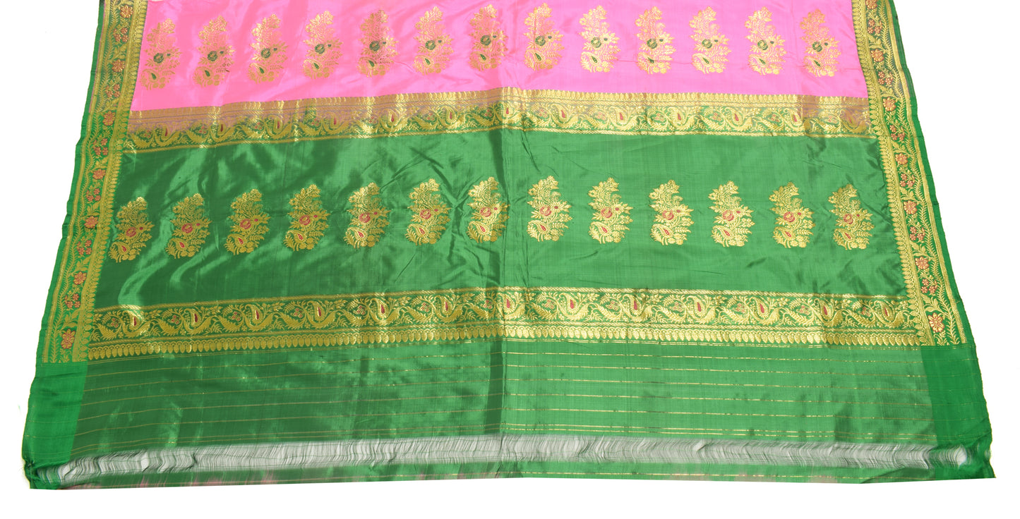 Sushila Vintage Green Banarasi Silk Sari Remnant Scrap Floral Woven Craft Fabric