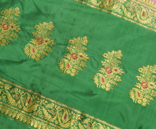 Sushila Vintage Green Banarasi Silk Sari Remnant Scrap Floral Woven Craft Fabric
