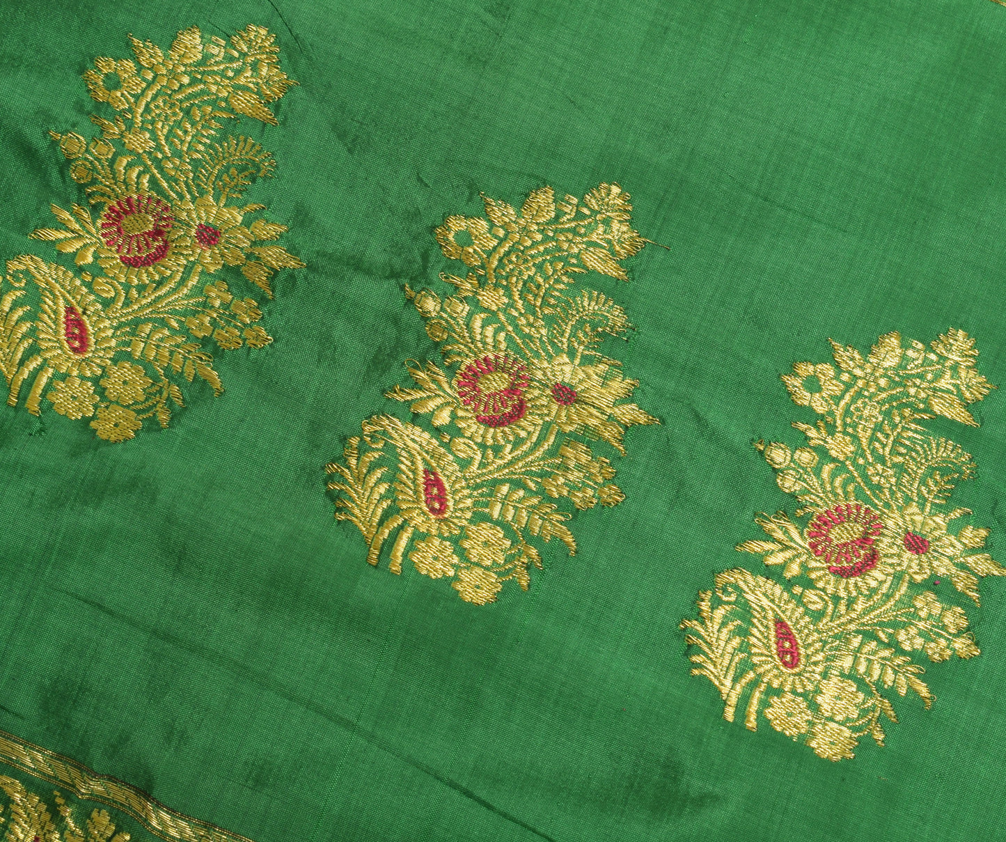 Sushila Vintage Green Banarasi Silk Sari Remnant Scrap Floral Woven Craft Fabric