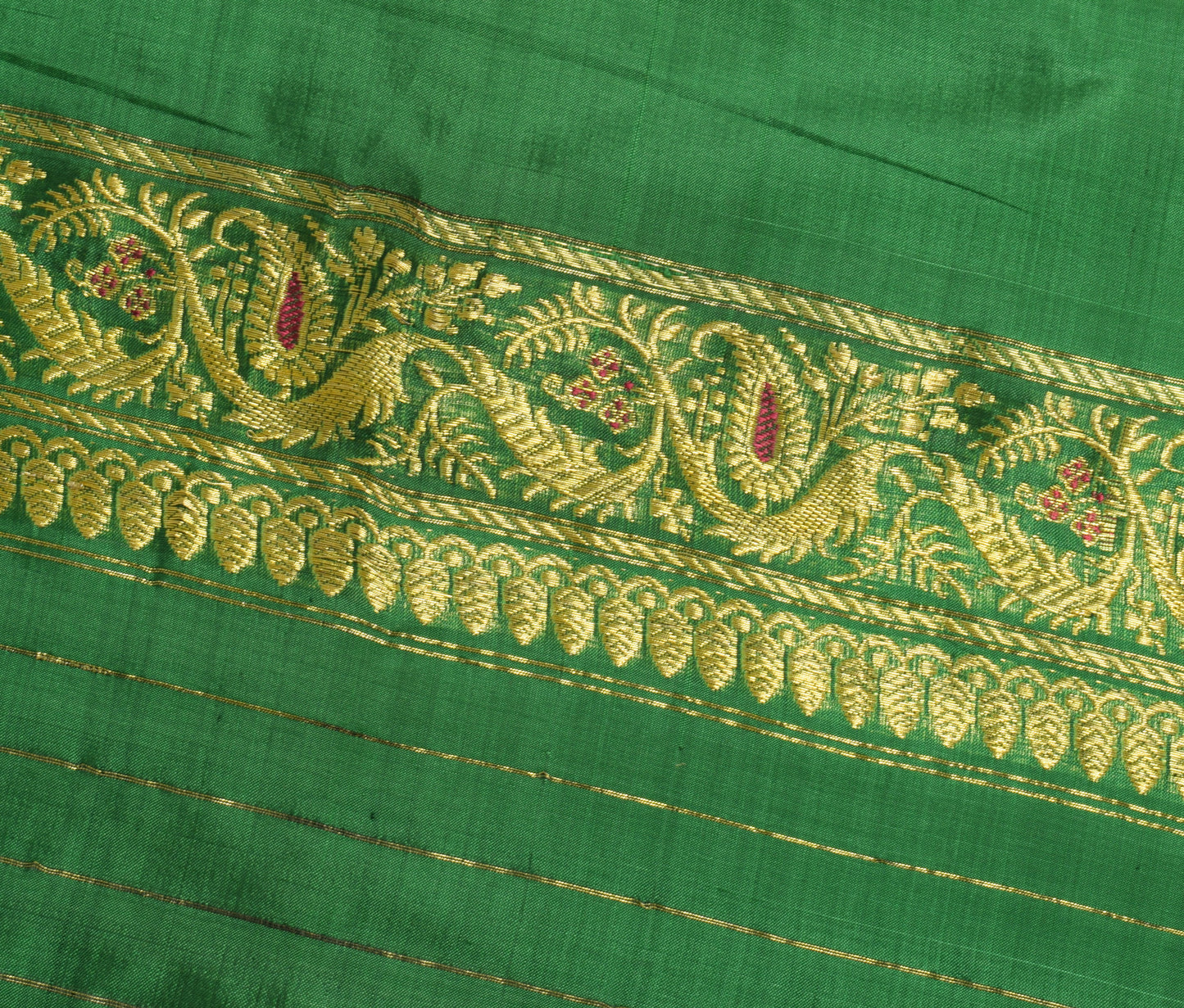 Sushila Vintage Green Banarasi Silk Sari Remnant Scrap Floral Woven Craft Fabric