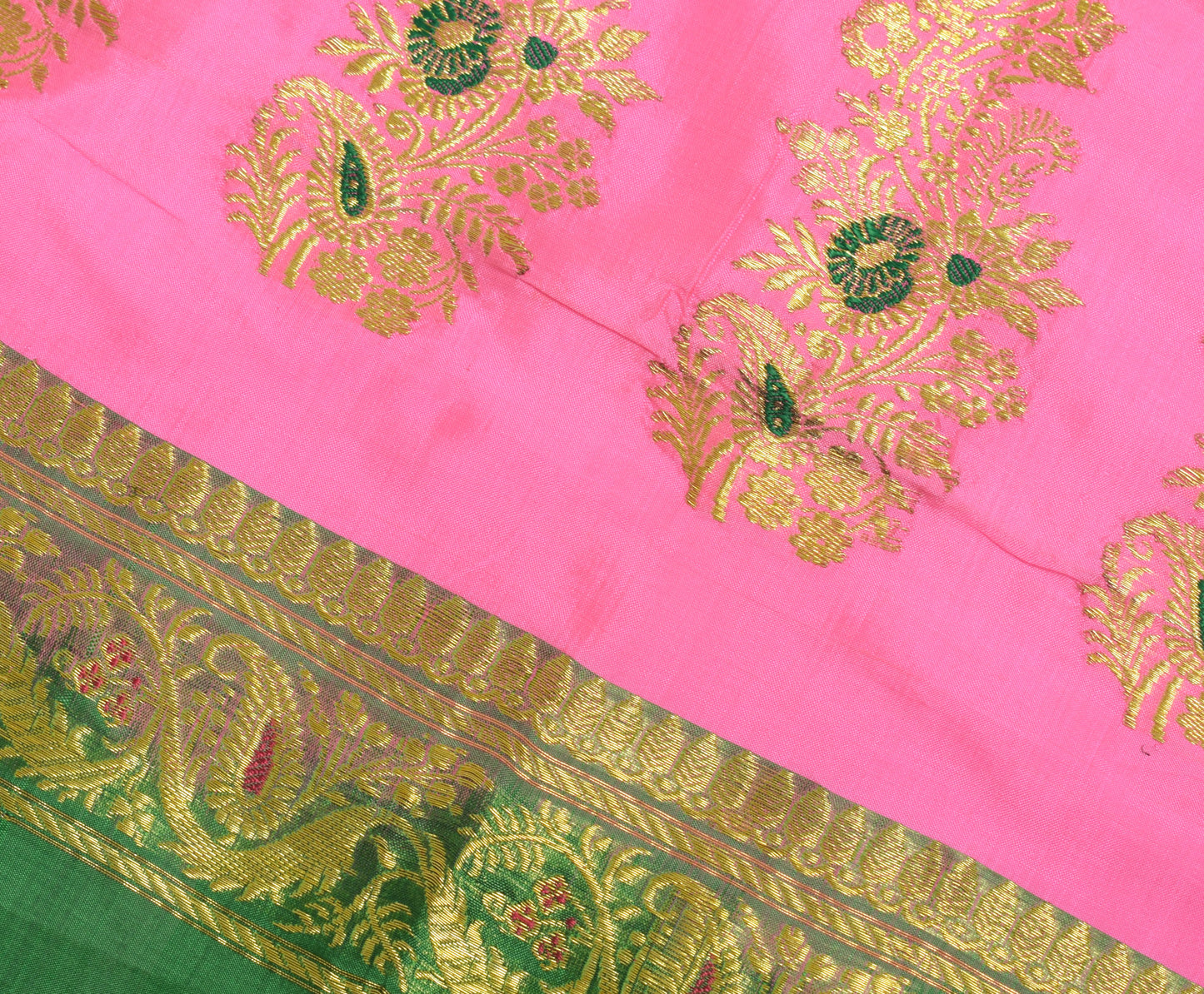 Sushila Vintage Green Banarasi Silk Sari Remnant Scrap Floral Woven Craft Fabric