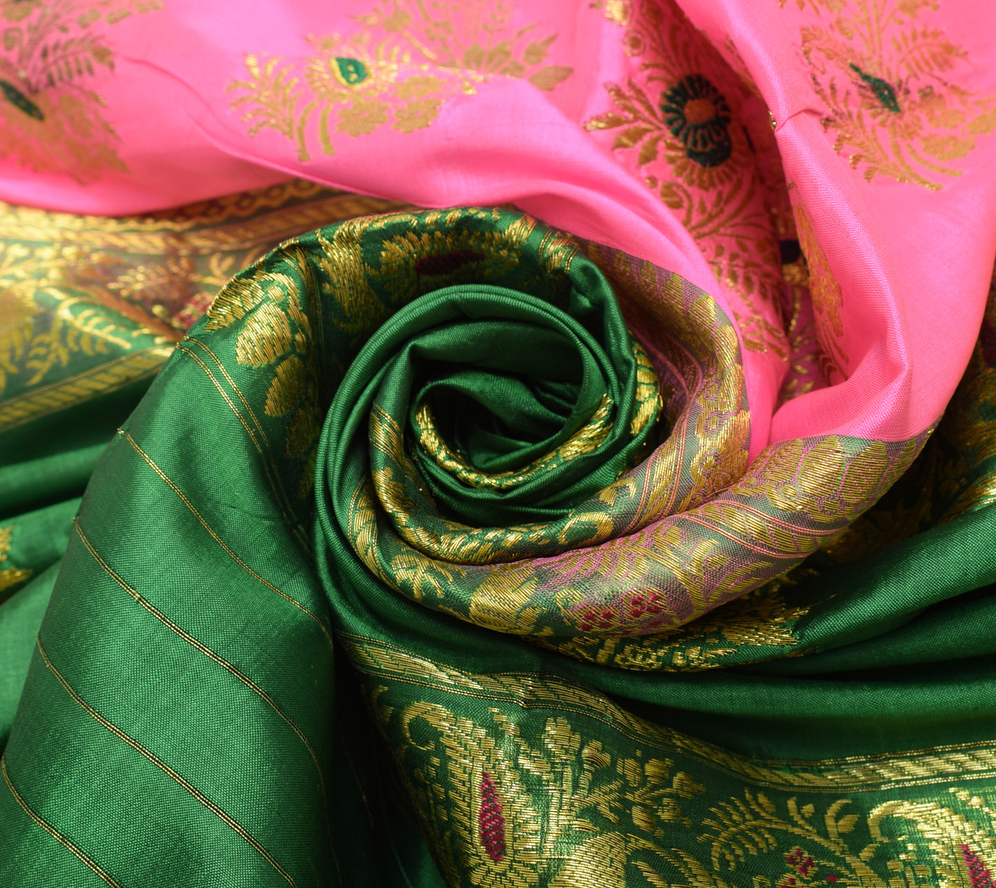 Sushila Vintage Green Banarasi Silk Sari Remnant Scrap Floral Woven Craft Fabric
