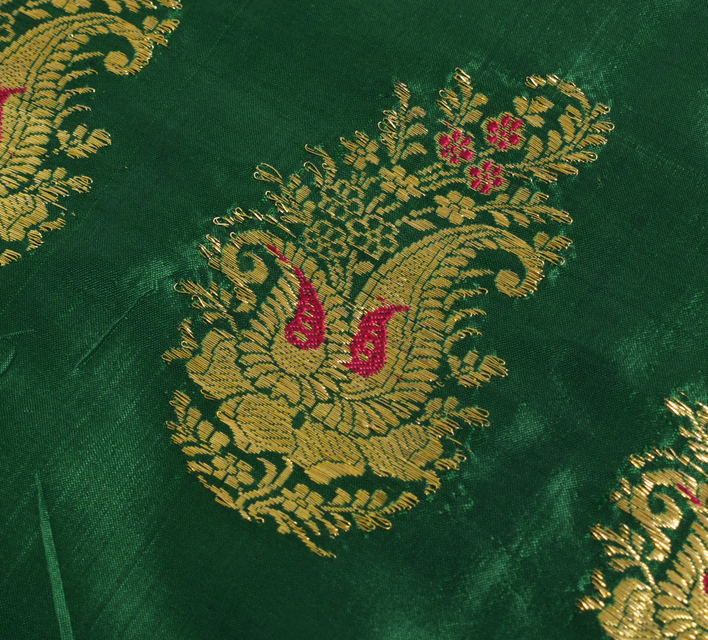 Sushila Vintage Green Banarasi Pure Silk Sari Remnant Scrap Woven Craft Fabric