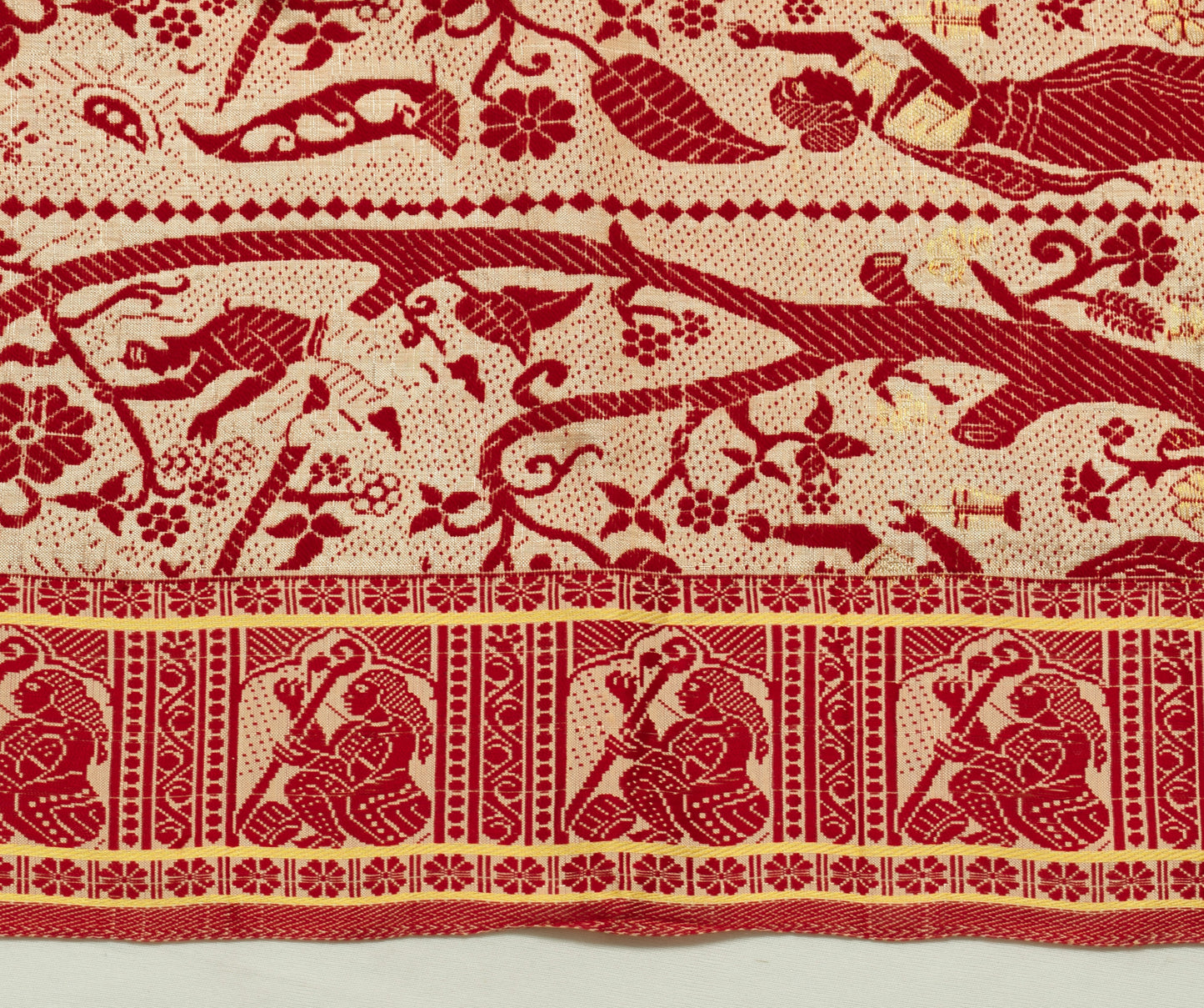 Sushila Vintage Cream Pure Silk Sari Remnant Scrap Baluchari Woven Craft Fabric