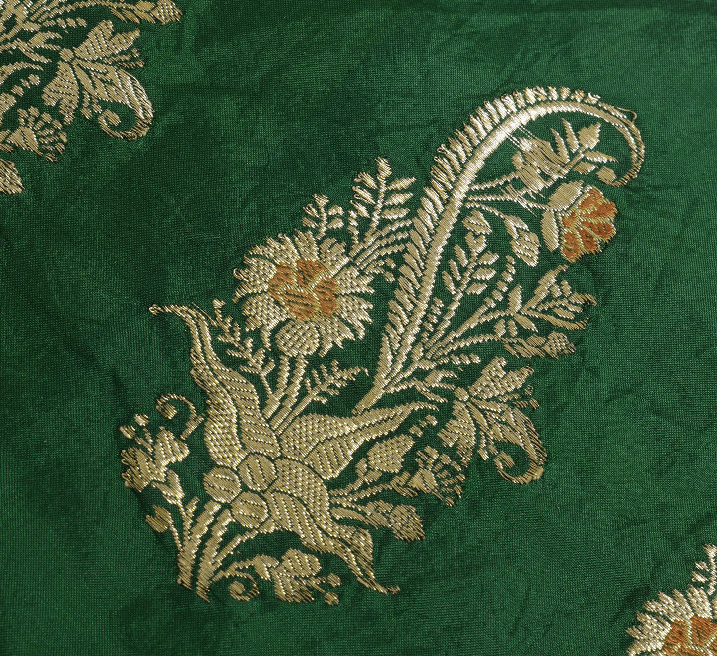 Sushila Vintage Green Banarasi Silk Sari Remnant Scrap Zari Woven Craft Fabric