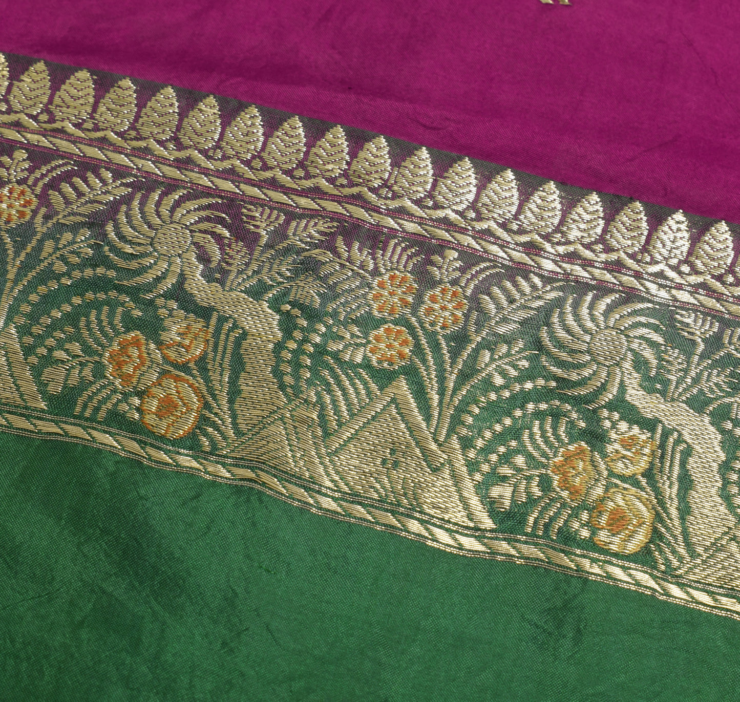Sushila Vintage Green Banarasi Silk Sari Remnant Scrap Zari Woven Craft Fabric