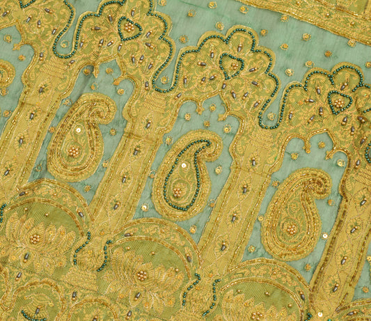 Sushila Vintage Green Sari Remnant Scrap Organza Silk Hand Beaded Craft Fabric
