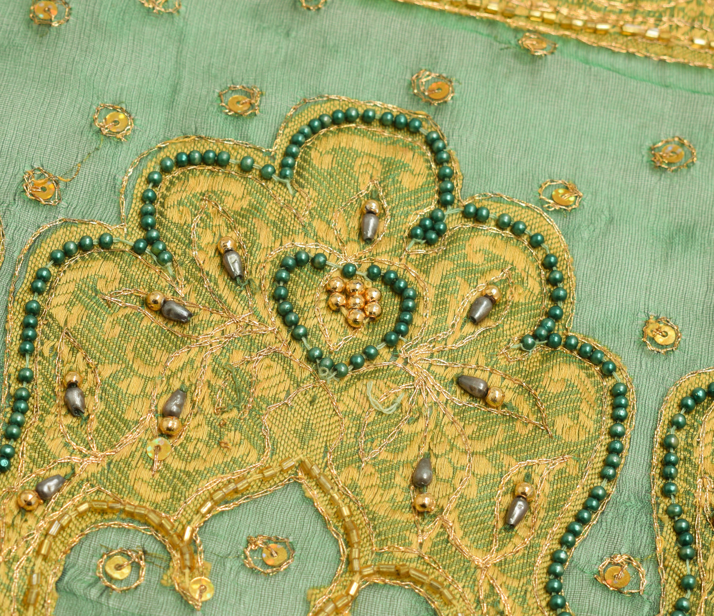 Sushila Vintage Green Sari Remnant Scrap Organza Silk Hand Beaded Craft Fabric