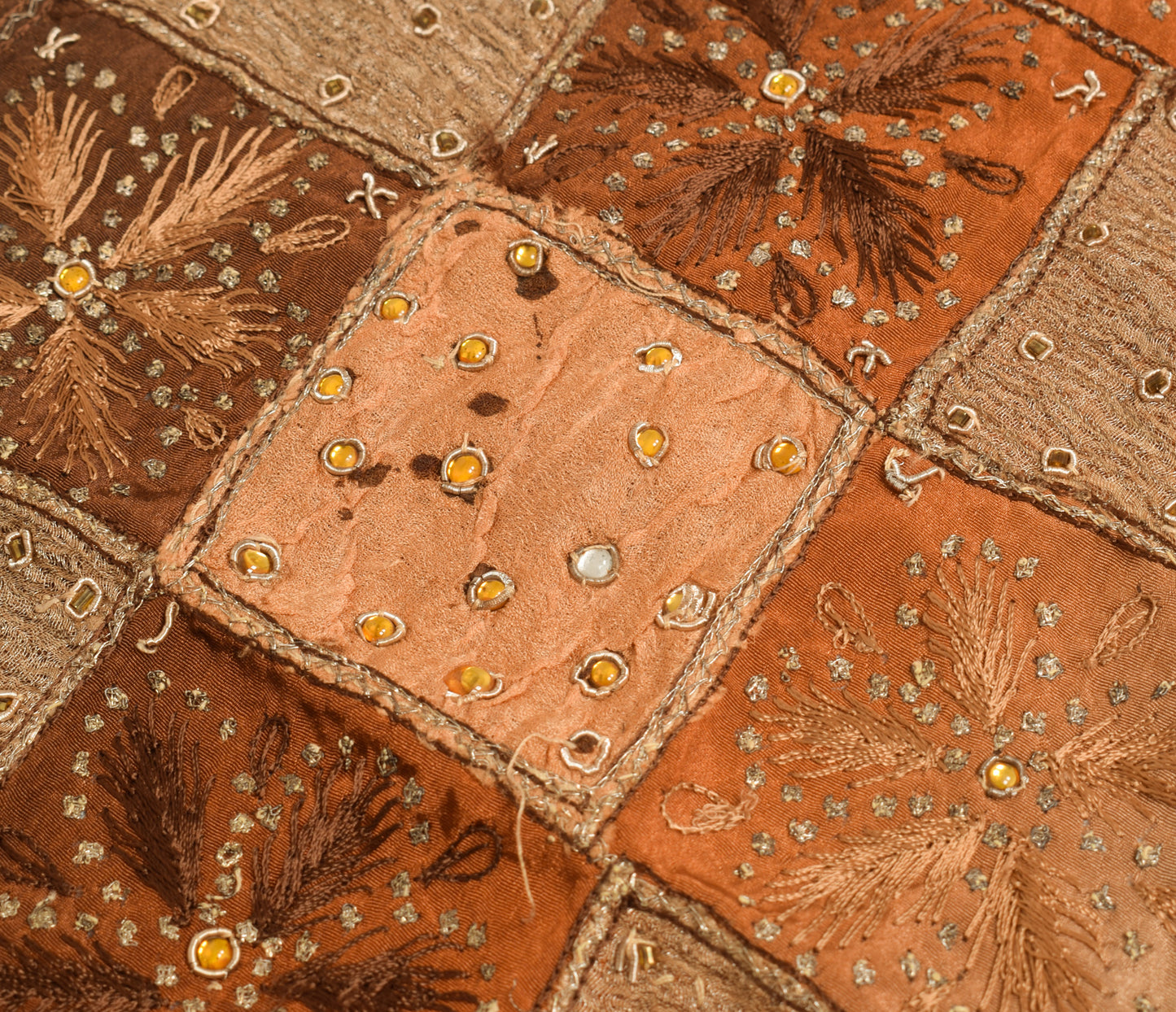Sushila Vintage Brown Sari Remnant Scrap Crepe Silk Hand Beaded Craft Fabric