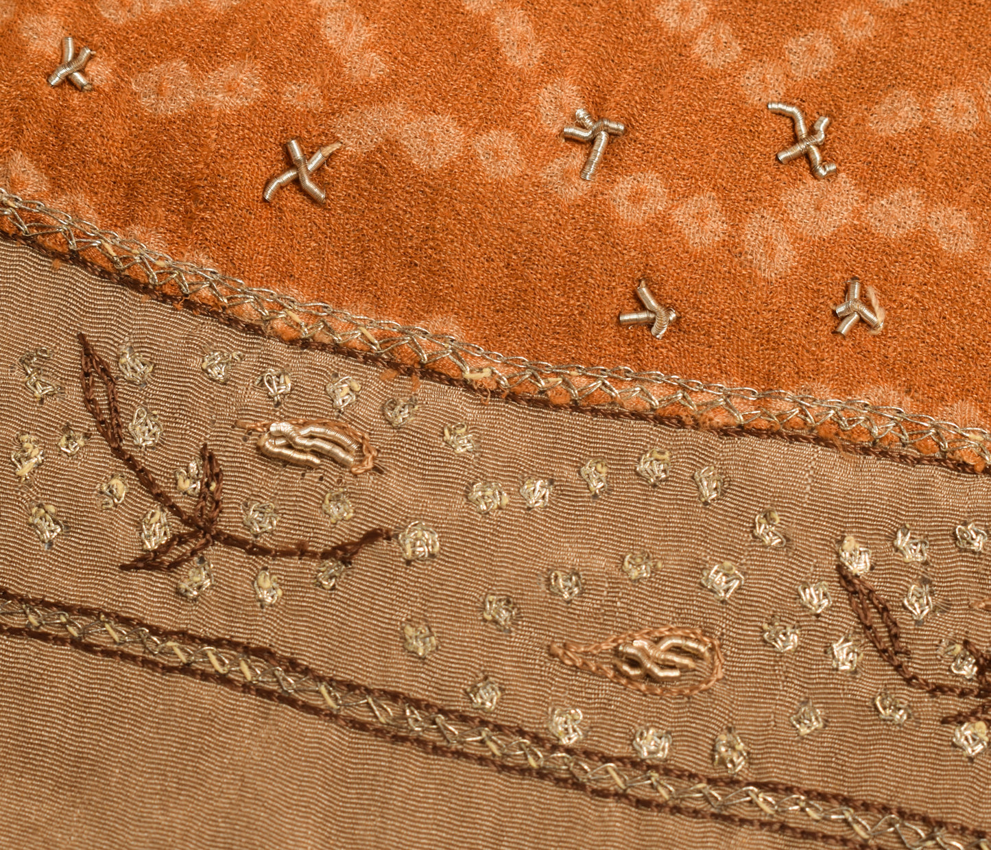 Sushila Vintage Brown Sari Remnant Scrap Crepe Silk Hand Beaded Craft Fabric