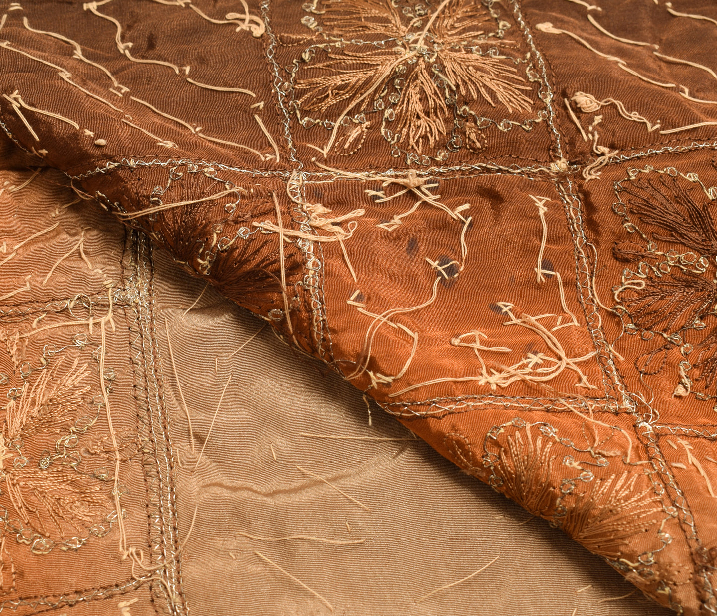 Sushila Vintage Brown Sari Remnant Scrap Crepe Silk Hand Beaded Craft Fabric