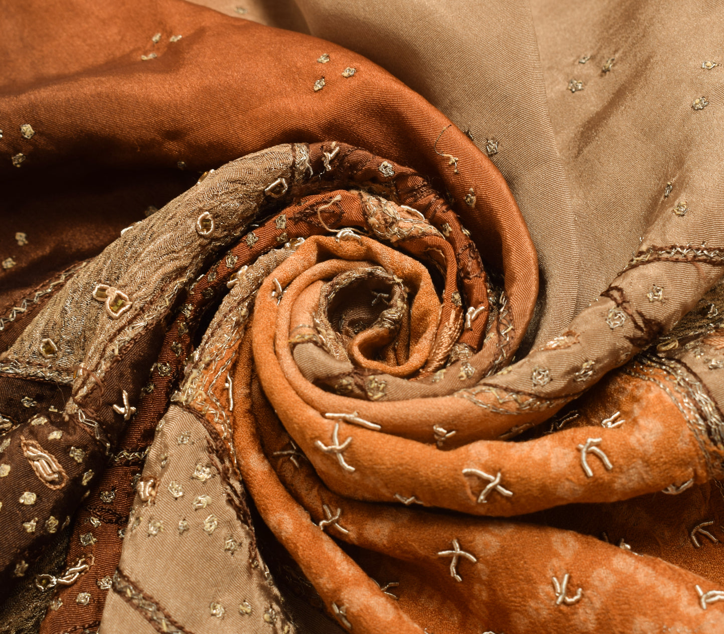Sushila Vintage Brown Sari Remnant Scrap Crepe Silk Hand Beaded Craft Fabric
