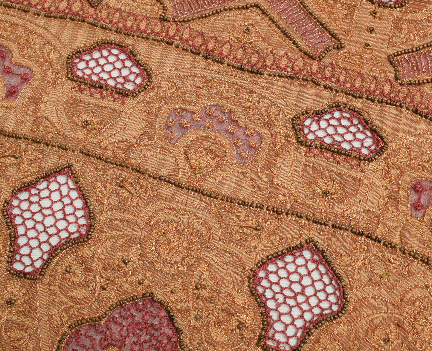 Sushila Vintage Maroon Organza Silk Sari Remnant Scrap Hand Beaded Craft Fabric