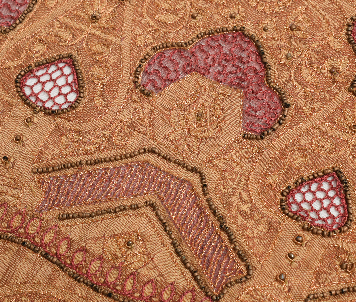 Sushila Vintage Maroon Organza Silk Sari Remnant Scrap Hand Beaded Craft Fabric