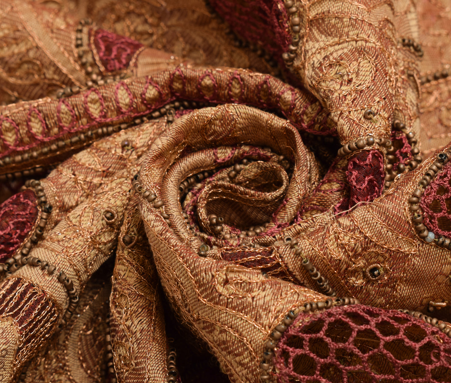 Sushila Vintage Maroon Organza Silk Sari Remnant Scrap Hand Beaded Craft Fabric
