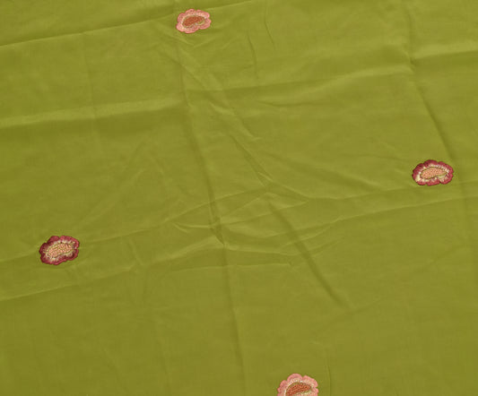 Sushila Vintage Green Silk Sari Remnant Scrap Embroidered Floral Craft Fabric
