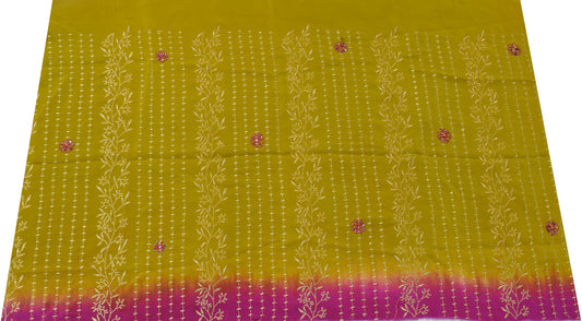 Sushila Vintage Green Sari Remnant Scrap Crepe Silk Embroidered Craft Fabric
