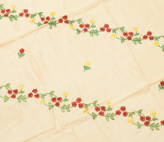 Sushila Vintage Cream Sari Remnant Scrap Pure Silk Hand Embroidered Craft Fabric