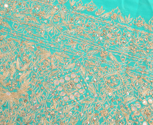 Sushila Vintage Green Sari Remnant Scrap Crepe Silk Hand Beaded Craft Fabric