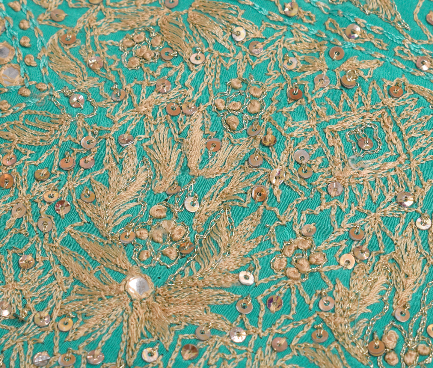 Sushila Vintage Green Sari Remnant Scrap Crepe Silk Hand Beaded Craft Fabric