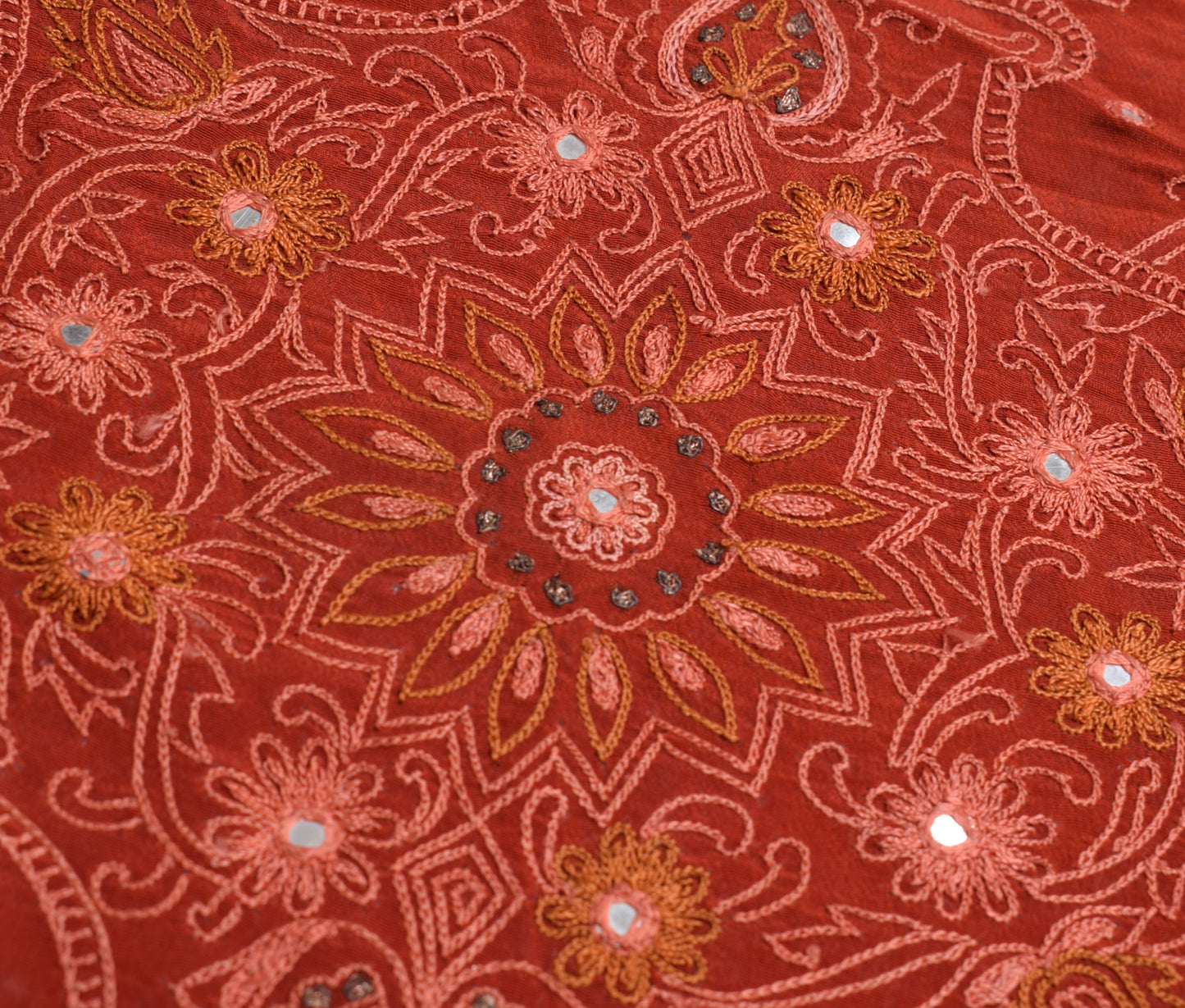 Sushila Vintage Rust Crepe Sari Remnant Scrap Embroidered Floral Craft Fabric