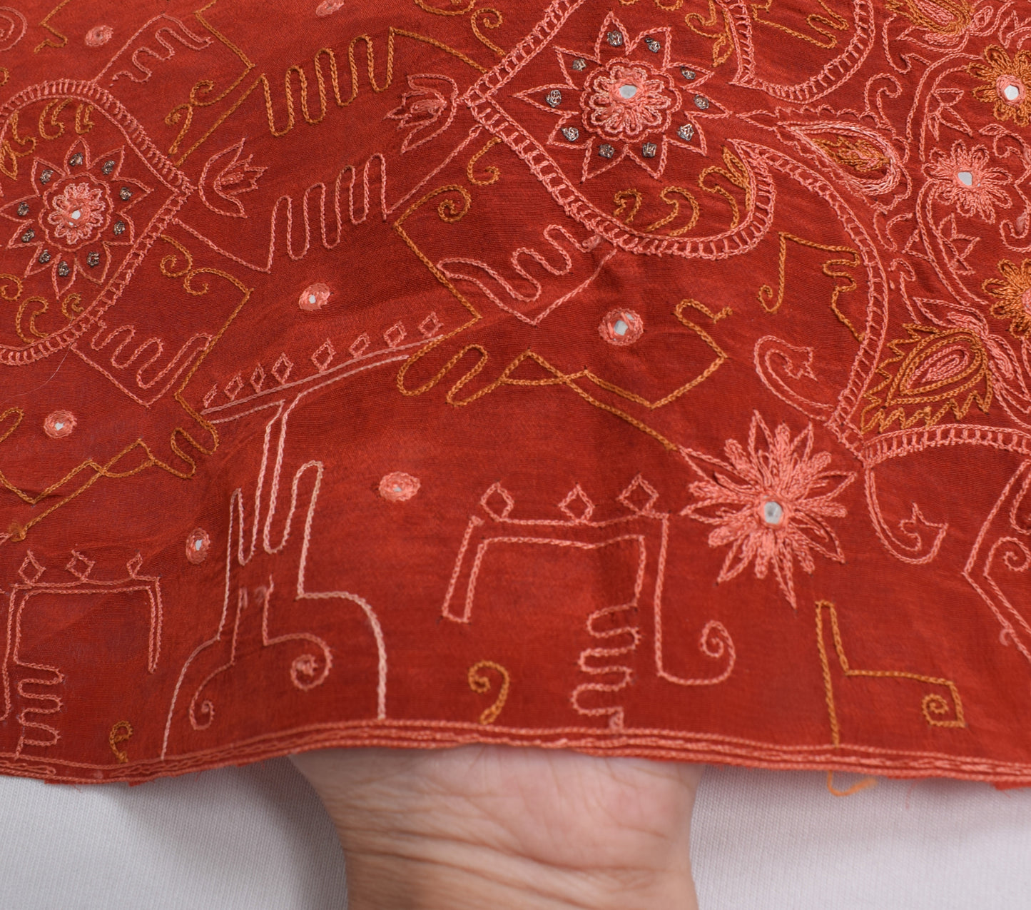 Sushila Vintage Rust Crepe Sari Remnant Scrap Embroidered Floral Craft Fabric