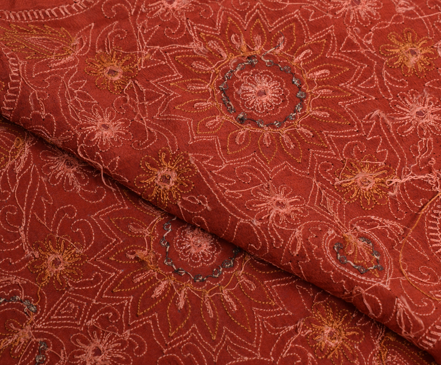 Sushila Vintage Rust Crepe Sari Remnant Scrap Embroidered Floral Craft Fabric