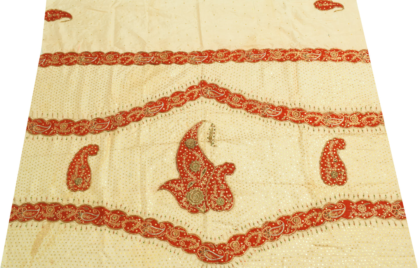 Sushila Vintage Creme Sari Remnant Scrap 100% Pure Silk Hand Beaded Craft Fabric