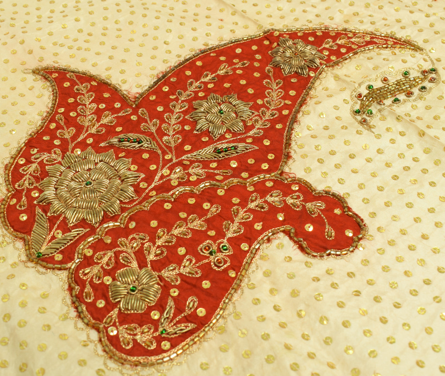 Sushila Vintage Creme Sari Remnant Scrap 100% Pure Silk Hand Beaded Craft Fabric