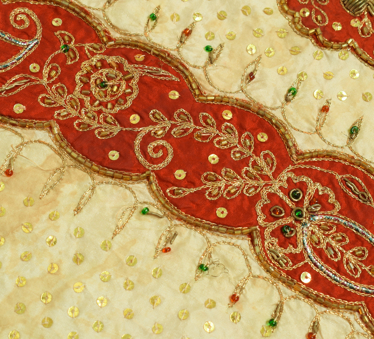 Sushila Vintage Creme Sari Remnant Scrap 100% Pure Silk Hand Beaded Craft Fabric