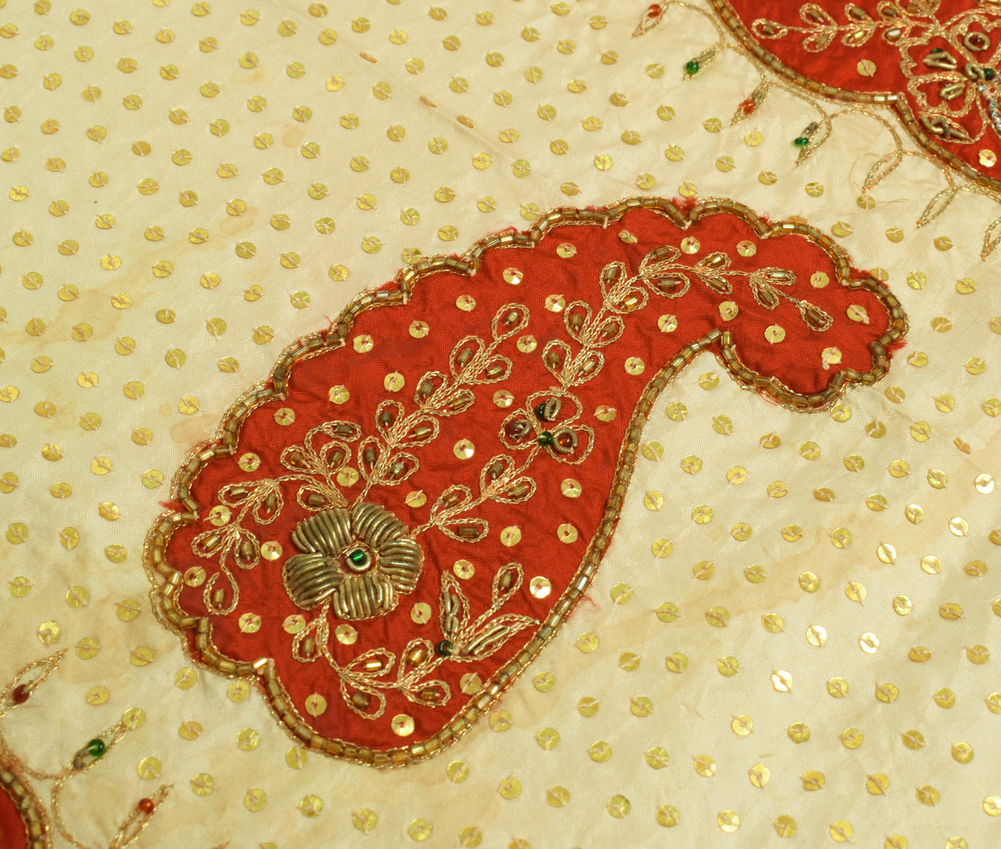 Sushila Vintage Creme Sari Remnant Scrap 100% Pure Silk Hand Beaded Craft Fabric