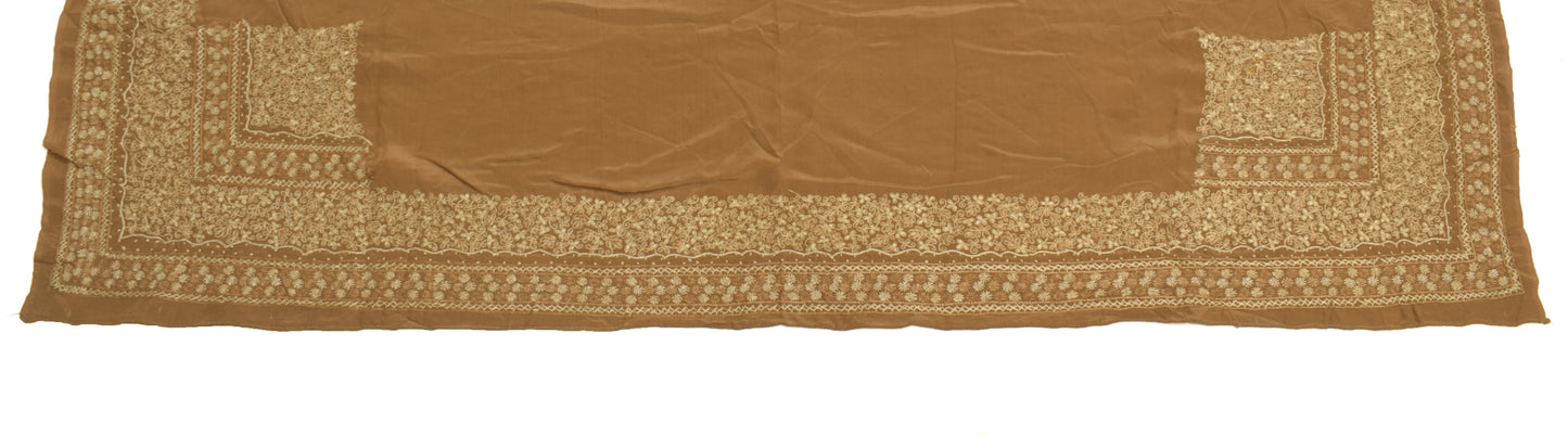 Sushila Vintage Brown Sari Remnant Scrap Crepe Silk Hand Embroidery Craft Fabric