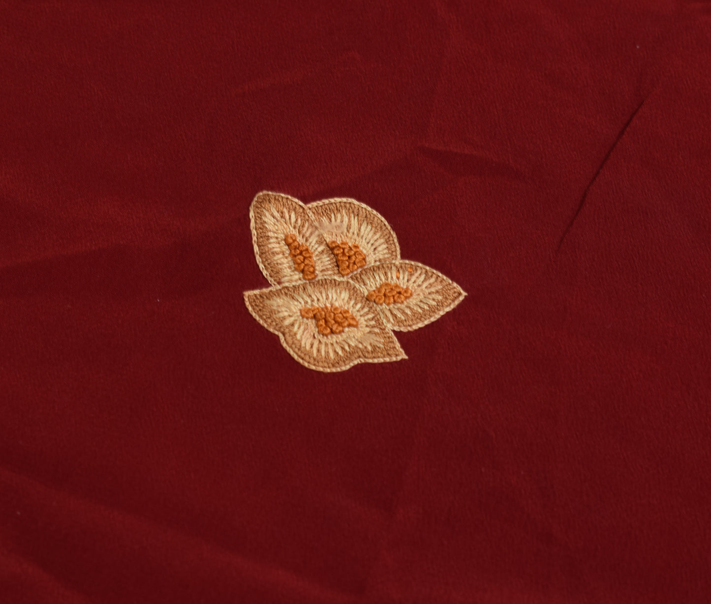 Sushila Vintage Maroon Sari Remnant Scrap Crepe Silk Embroidered Craft Fabric