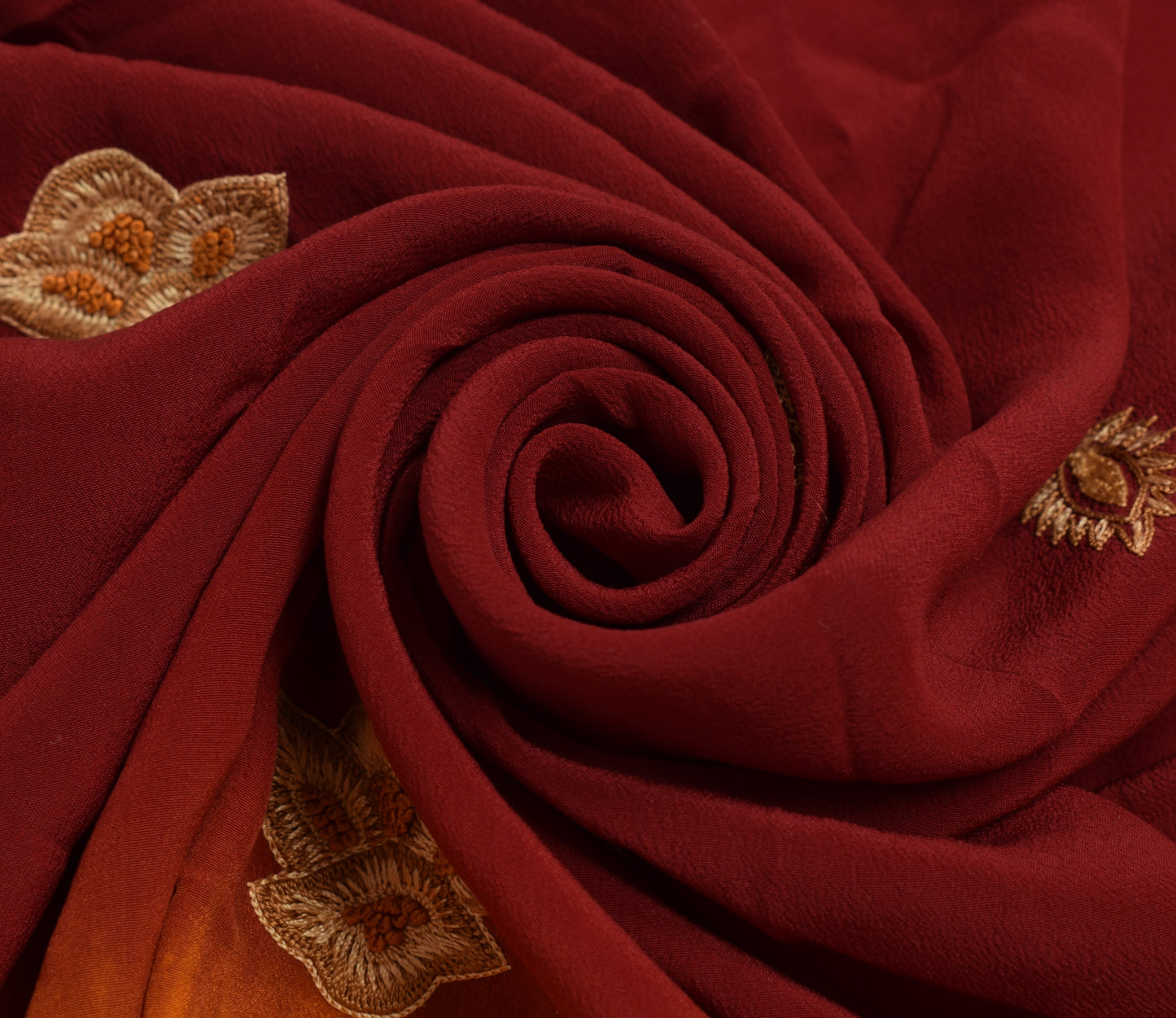 Sushila Vintage Maroon Sari Remnant Scrap Crepe Silk Embroidered Craft Fabric