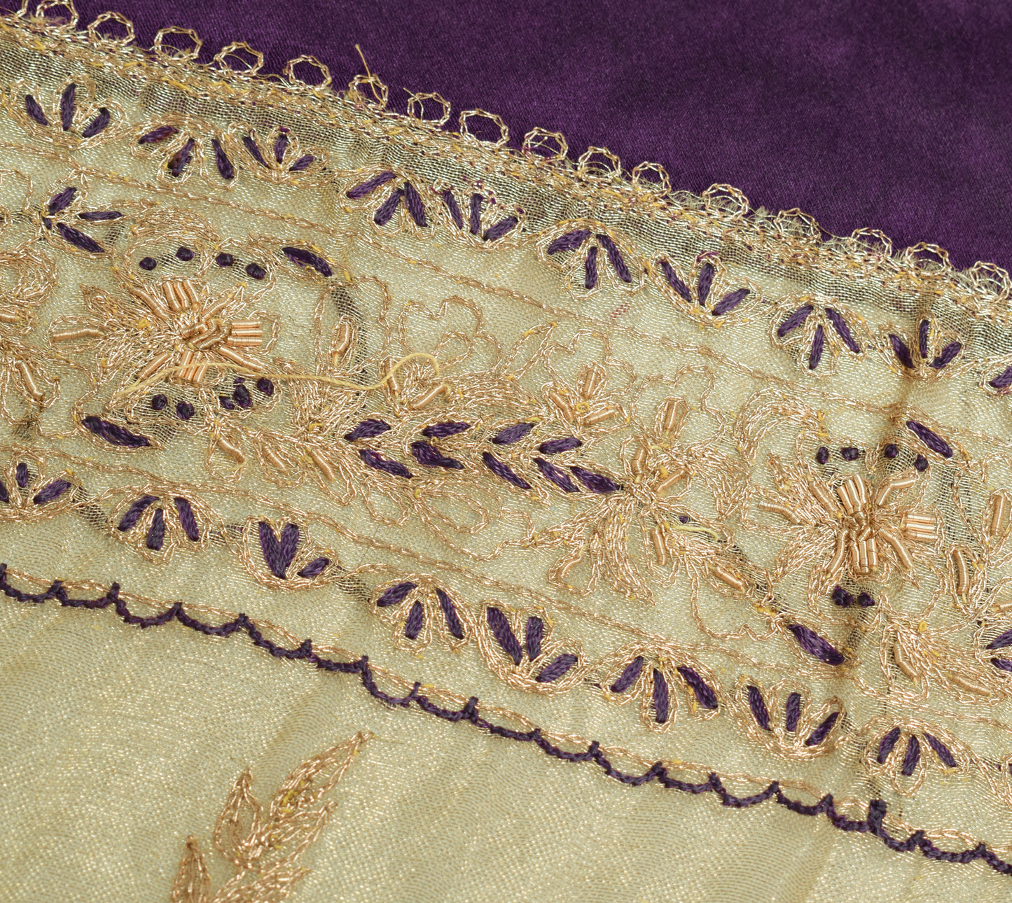 Sushila Vintage Golden Tissu Sari Remnant Scrap Hand Beaded Paisley Craft Fabric