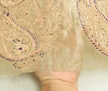 Sushila Vintage Golden Tissu Sari Remnant Scrap Hand Beaded Paisley Craft Fabric